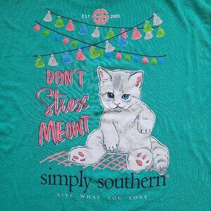Simply Southern Graphic T-shirt 2X Don't Stress Meowt Cat Aqua Green Long Sleeve